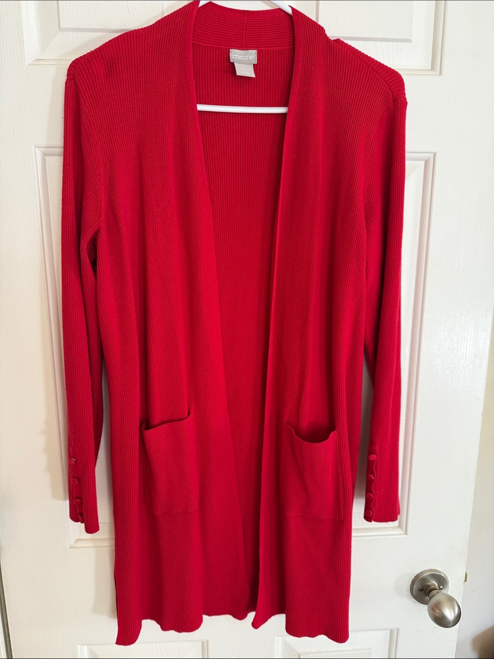 Chico's Bright Red Longline Open-Front Ribbed Cardigan Size 2